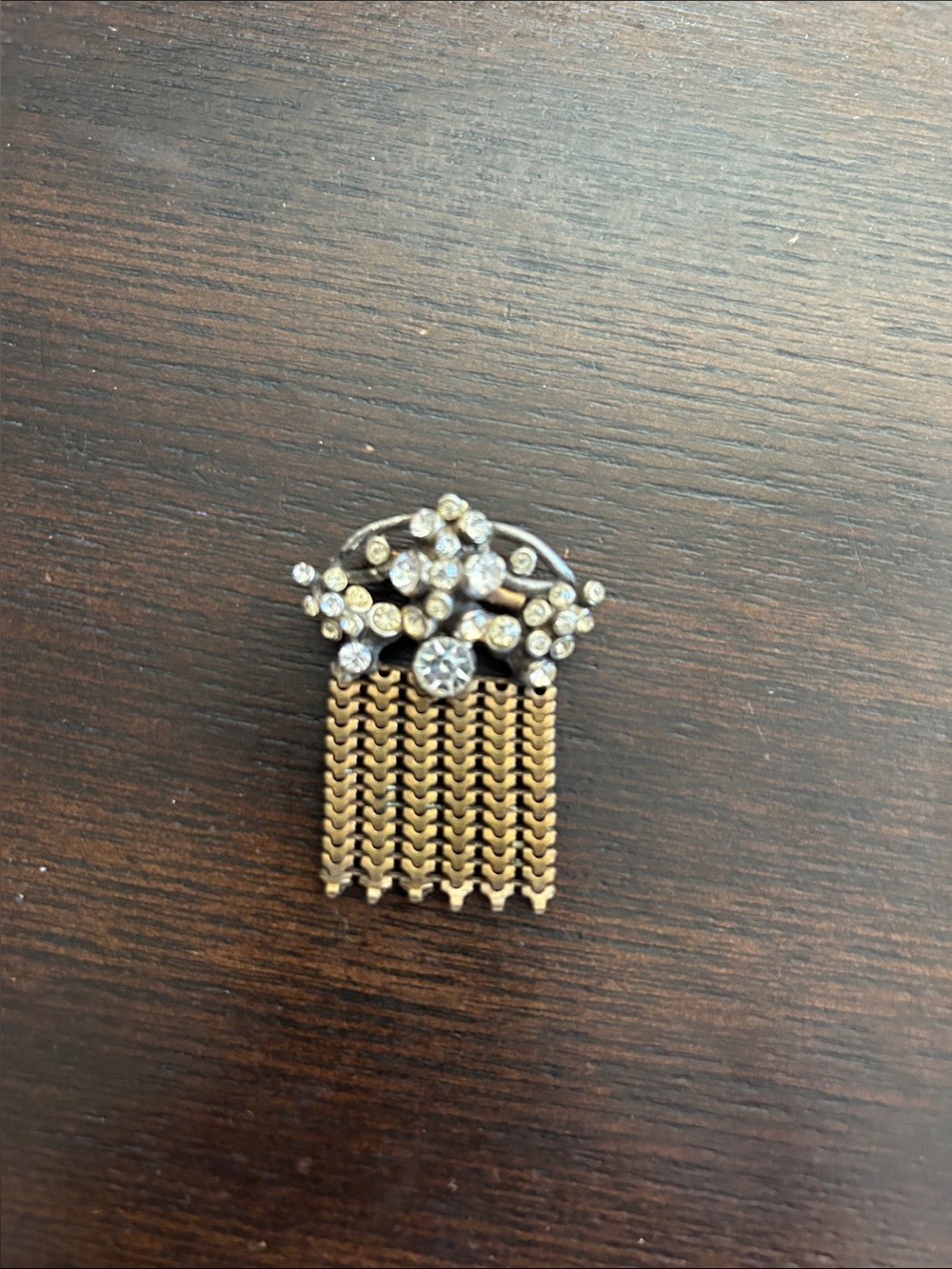 Vintage-Inspired Gold and Silver Tassel Brooch with Rhinestones